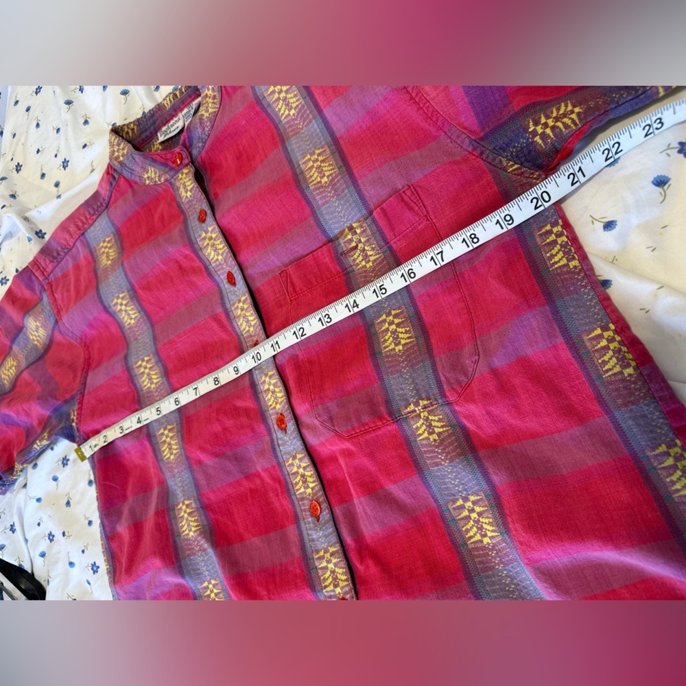 VTG Backroad Blues vivid colorful geometric pink plaid blouse mandarin collar. - Picture 3 of 10